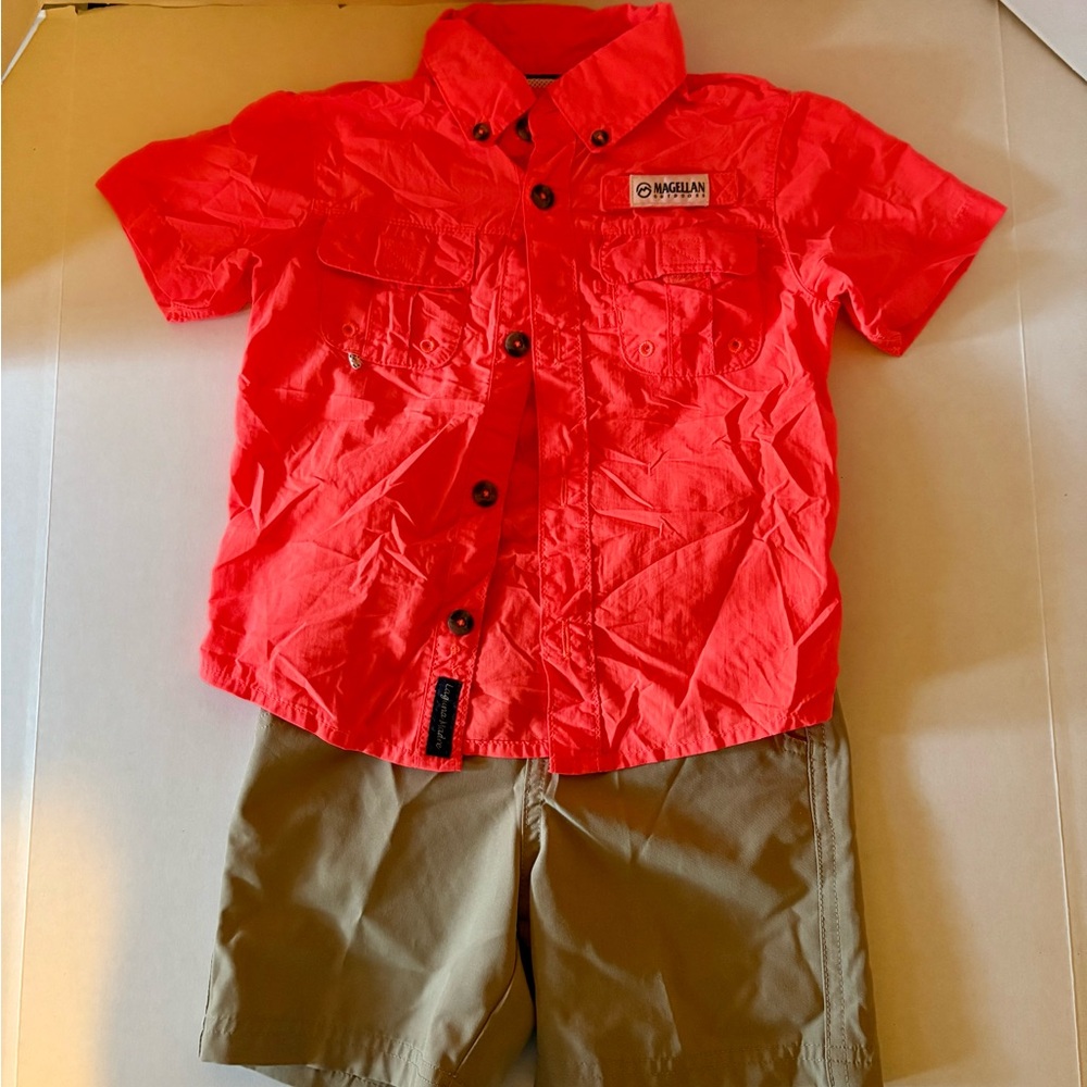 Magellan Outdoors Kids Red Button Down Shirt with Brown Shorts